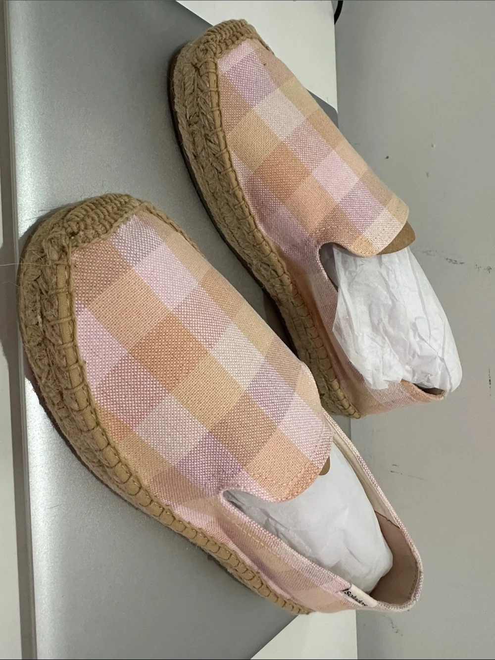 Soludos Pink and Tan Plaid Espadrille Slip-On Flats